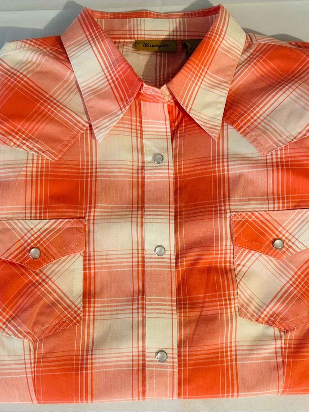 Wrangler Peach and Cream Plaid Western Pearl Snap Long Sleeve Shirt